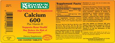 Photo of the Good 'N Natural Calcium 600 plus Vitamin D label