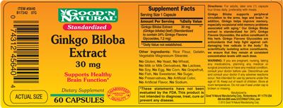 Photo of the Good 'N Natural Standardized Ginkgo Biloba Extract 30 mg label