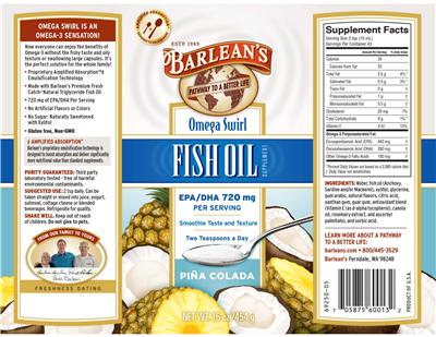 Photo of the Barlean's Omega Swirl Fish Oil Pina Colada label