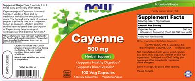 Photo of the NOW Cayenne 500 mg label