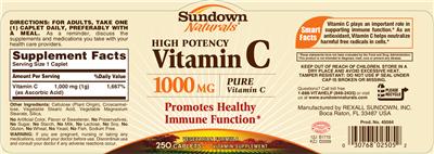 Photo of the Sundown Naturals High Potency Vitamin C 1000 mg label