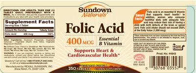 Photo of the Sundown Naturals Folic Acid 400 mcg label