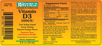 Photo of the Good 'N Natural Maximum Strength Vitamin D3 5000 IU Natural Orange Flavor label