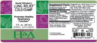 Photo of the Herbalist & Alchemist David Winston's Lung Relief Cold/Damp label