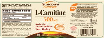 Photo of the Sundown Naturals L-Carnitine 500 mg label