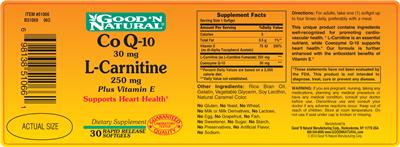 Photo of the Good 'N Natural Co Q-10 30 mg L-Carnitine 250 mg Plus Vitamin E label