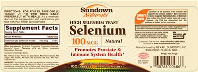 Photo of the Sundown Naturals High Selenium Yeast Selenium 100 mcg label