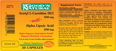 Photo of the Good 'N Natural Acetyl L-Carnitine HCl 400 mg With Alpha Lipoic Acid 200 mg label