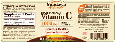 Photo of the Sundown Naturals High Potency Vitamin C 1000 mg label