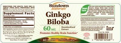 Photo of the Sundown Naturals Ginkgo Biloba 60 mg label