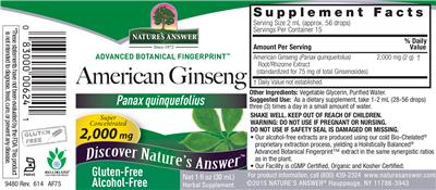 Photo of the Nature's Answer American Ginseng 2,000 mg Alcohol-Free label