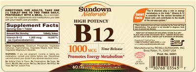 Photo of the Sundown Naturals High Potency B12 1000 mcg label