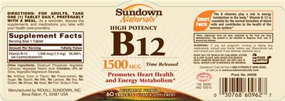 Photo of the Sundown Naturals High Potency B12 1500 mcg label