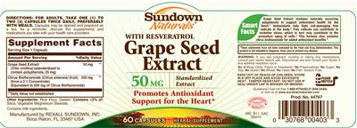 Photo of the Sundown Naturals Grape Seed Extract 50 mg label