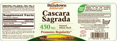 Photo of the Sundown Naturals Cascara Sagrada 450 mg label