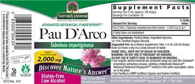 Photo of the Nature's Answer Pau D'Arco 2,000 mg label