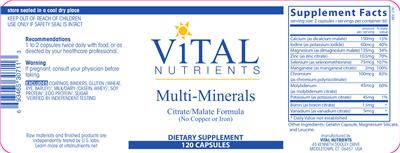 Photo of the Vital Nutrients Multi-Minerals (no Copper or Iron) label