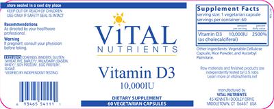Photo of the Vital Nutrients Vitamin D3 10,000 IU label