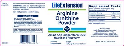 Photo of the Life Extension Arginine Ornithine Powder label