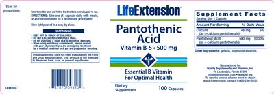 Photo of the Life Extension Pantothenic Acid label