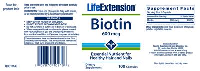 Photo of the Life Extension Biotin 600 mcg label
