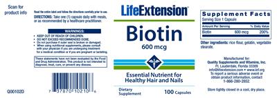 Photo of the Life Extension Biotin 600 mcg label