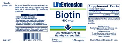 Photo of the Life Extension Biotin 600 mcg label