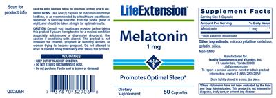 Photo of the Life Extension Melatonin 1 mg label