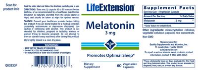 Photo of the Life Extension Melatonin 3 mg label