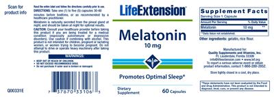 Photo of the Life Extension Melatonin 10 mg label