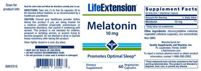 Photo of the Life Extension Melatonin 10 mg label