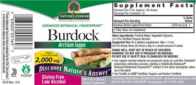 Photo of the Nature's Answer Burdock 2,000 mg label