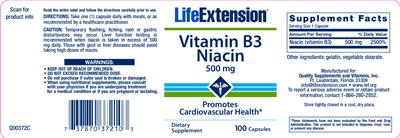 Photo of the Life Extension Vitamin B3 Niacin 500 mg label