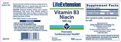 Photo of the Life Extension Vitamin B3 Niacin 500 mg label
