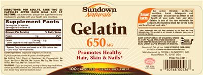 Photo of the Sundown Naturals Gelatin 650 mg label