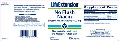Photo of the Life Extension No Flush Niacin (Inositol Hexanicotinate) 800 mg label