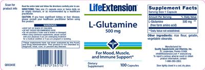 Photo of the Life Extension L-Glutamine 500 mg label