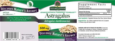Photo of the Nature's Answer Astragalus 500 mg label