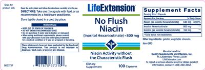 Photo of the Life Extension No Flush Niacin (Inositol Hexanicotinate) 800 mg label
