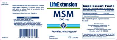 Photo of the Life Extension MSM 1000 mg label