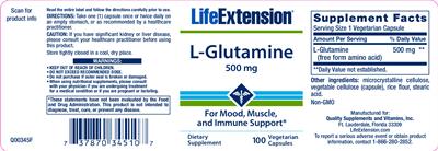 Photo of the Life Extension L-Glutamine 500 mg label