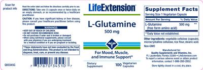 Photo of the Life Extension L-Glutamine 500 mg label