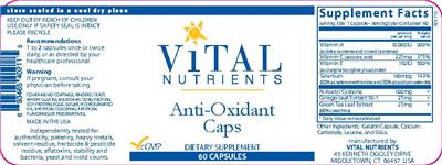 Photo of the Vital Nutrients Anti-Oxidant Caps label