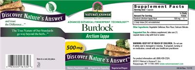 Photo of the Nature's Answer Burdock 500 mg label