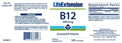 Photo of the Life Extension B12 500 mcg label