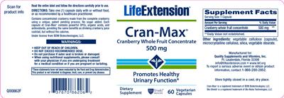 Photo of the Life Extension Cran-Max Cranberry Whole Fruit Concentrate 500 mg label