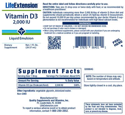 Product label for Vitamin D3 2,000 IU