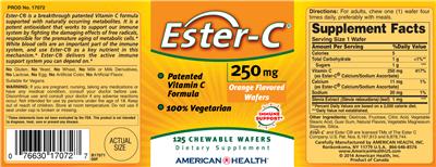Photo of the American Health Ester-C 250 mg Orange Flavored Wafers label