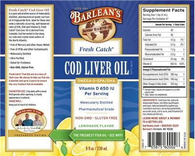 Photo of the Barlean's Fresh Catch Cod Liver Oil Lemonade Flavor label