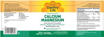 Photo of the Country Life Target-Mins Calcium Magnesium With Vitamin D Complex label
